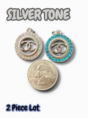 Lot of 2 Round Silver Tone Zipper Pull Button Charms 22mm